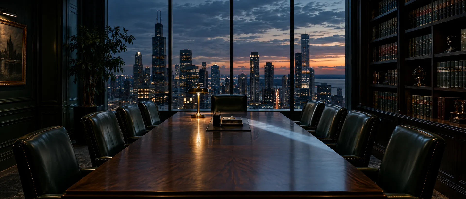Law office boardroom at dusk overlooking a city skyline
